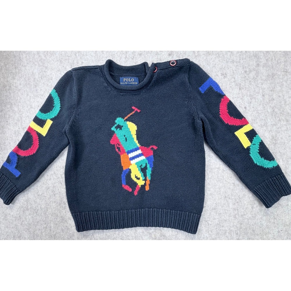 Polo Ralph Lauren Sweater Kids 3T Navy Blue Big Pony Logo Colorblock Knit